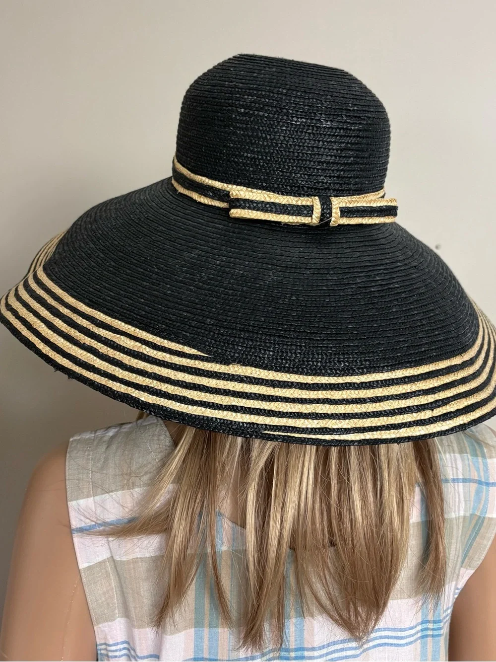 Women's LADY RACHEL Black & Tan WOVEN STRAW Wide Brim FASHION SUN HAT Italy